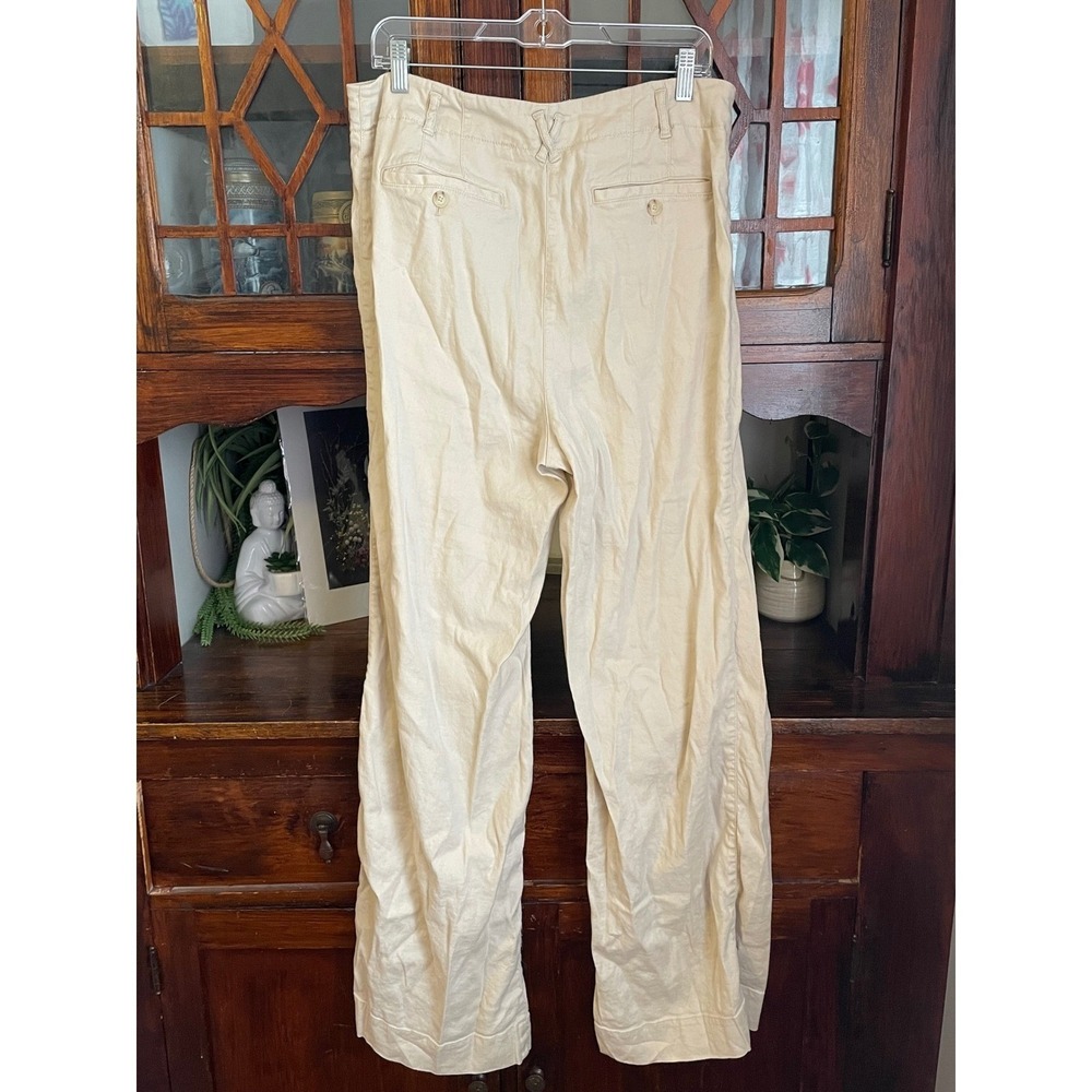 Maeve by Anthropologie Wide Leg Linen Blend Button Fly Pants Beige Women's US 14 - Picture 2 of 5